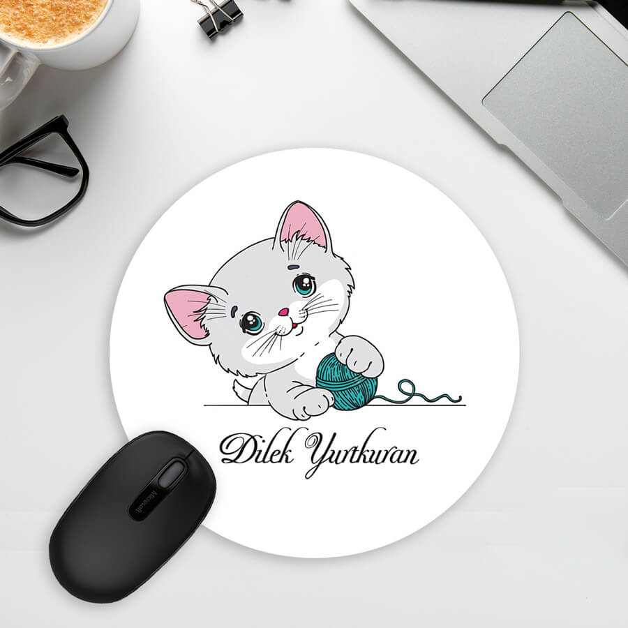 Sevimli Kedi İsme Özel Oval Mousepad - Hediyesec